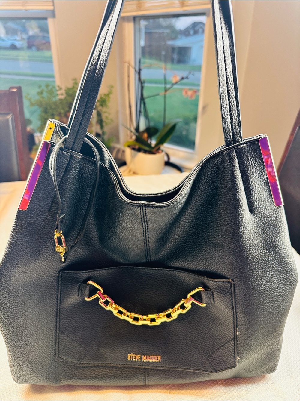 Steve Madden Black Pebbled Leather Shoulder Tote with Gold Chain Trim